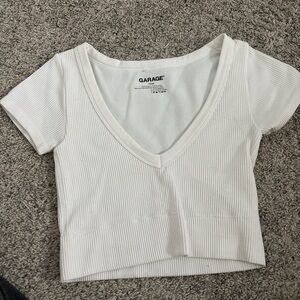 Garage Cream Ribbed V-Neck Crop Top